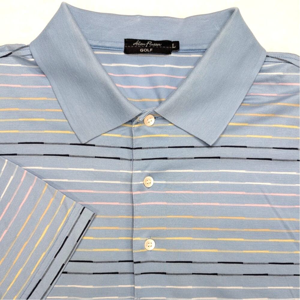 Alan Flusser Mens Golf Polo Shirt‎ Size Large Blue Stripe Yellow Black
